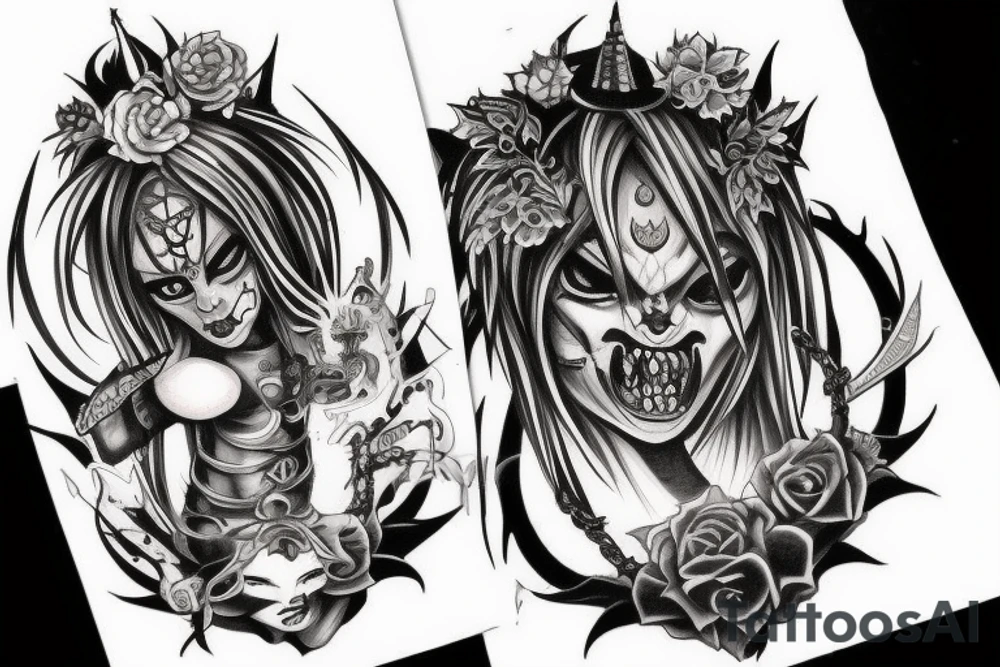 Gothic stile lines with a oni demon in the midlle tattoo idea