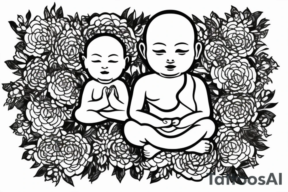 Baby Buddhist monk surrounded by flowers tattoo idea