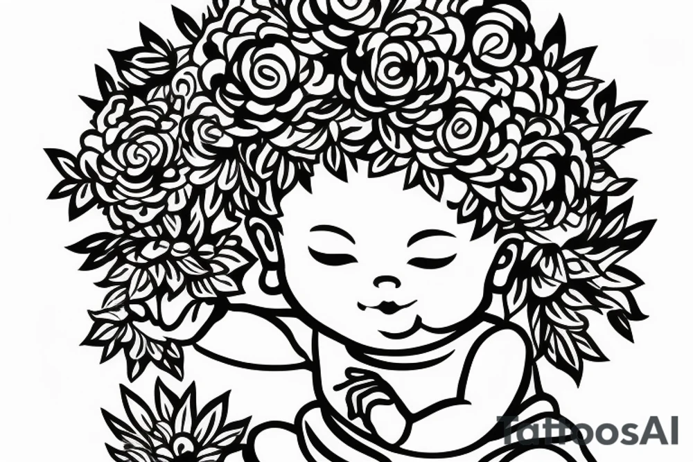 Baby Buddhist monk surrounded by flowers tattoo idea