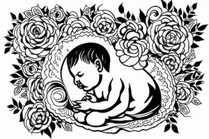 Baby Buddhist monk surrounded by flowers tattoo idea