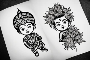 Baby Buddhist monk surrounded by flowers tattoo idea