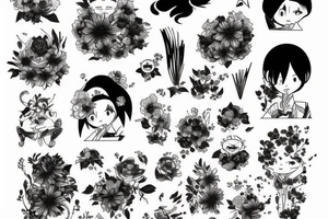 Black stripe surrounded by flowers tattoo idea