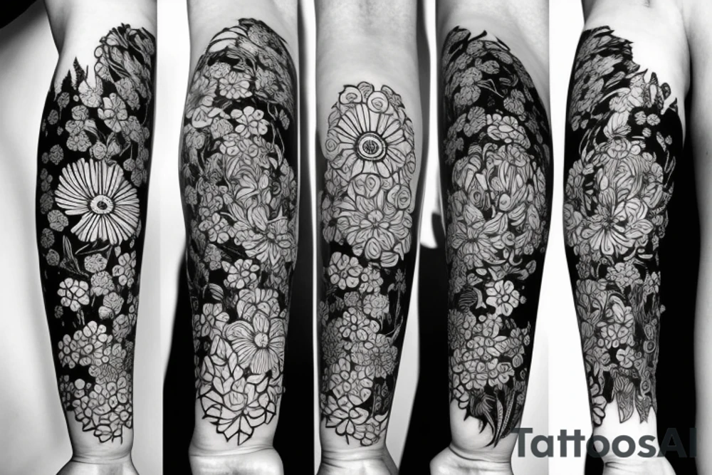 Black stripe surrounded by flowers tattoo idea