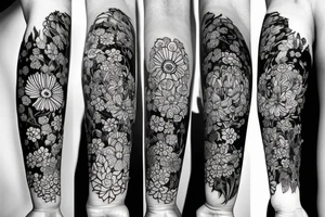 Black stripe surrounded by flowers tattoo idea