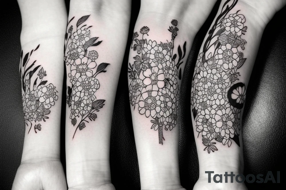 Black stripe surrounded by flowers tattoo idea