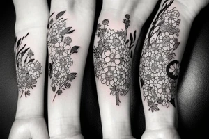 Black stripe surrounded by flowers tattoo idea