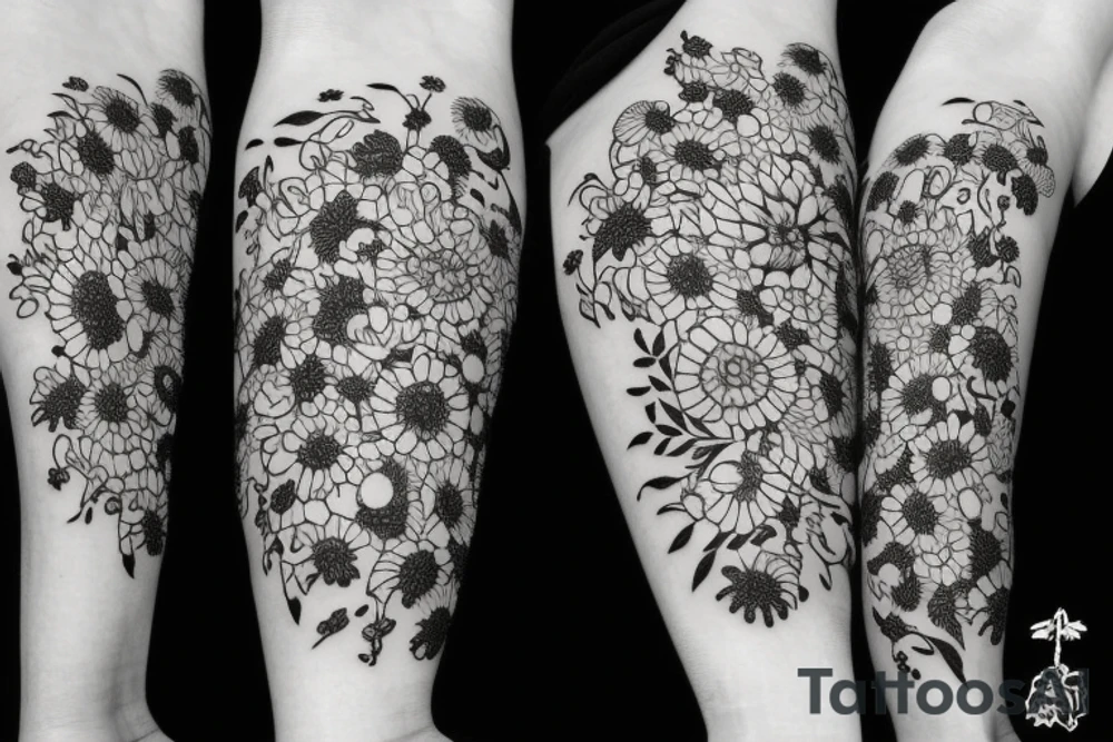 White on black stripe surrounded by flowers tattoo idea