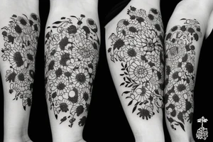 White on black stripe surrounded by flowers tattoo idea