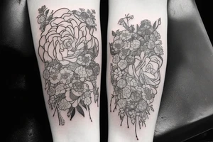 Long black rectangle surrounded by flowers tattoo idea