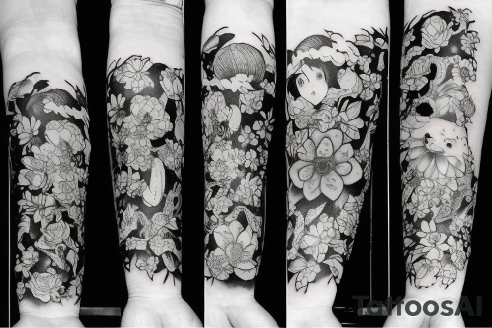 Band around forearm big flowers tattoo idea