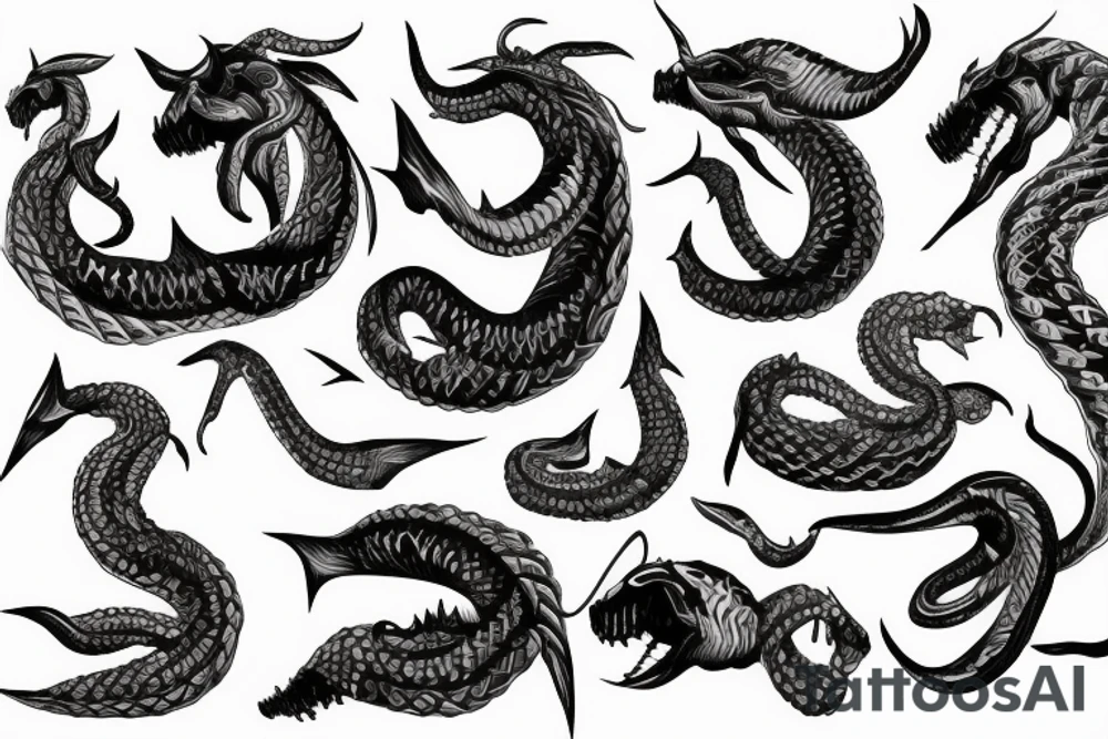 nordic sea serpent that wraps around nordic spears tattoo idea