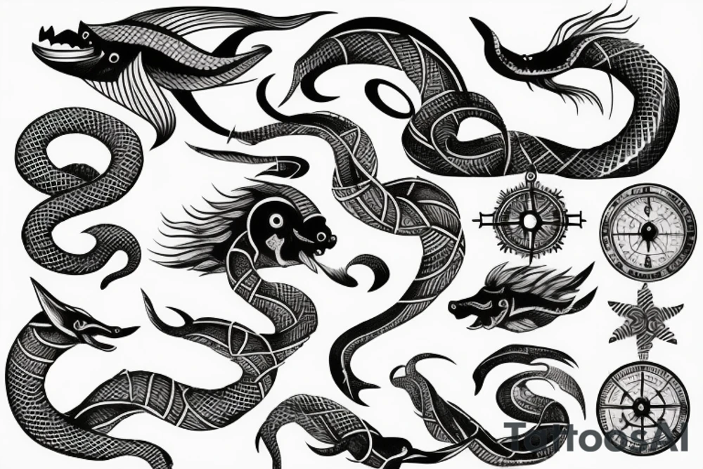nordic sea serpent that wraps around nordic compass tattoo idea