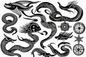 nordic sea serpent that wraps around nordic compass tattoo idea