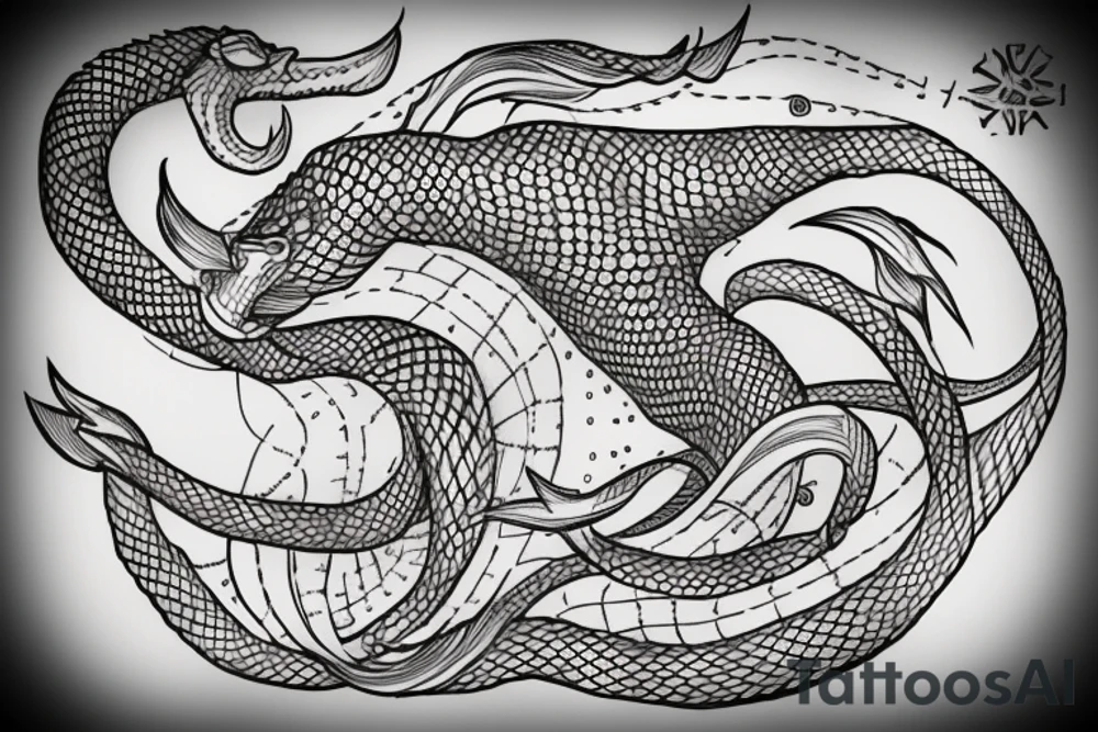 nordic sea serpent that wraps around nordic compass tattoo idea