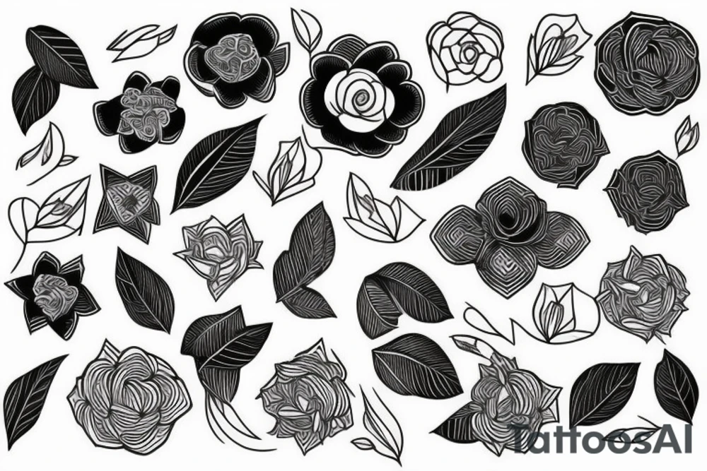 White line work on black, geometric design, flowers tattoo idea
