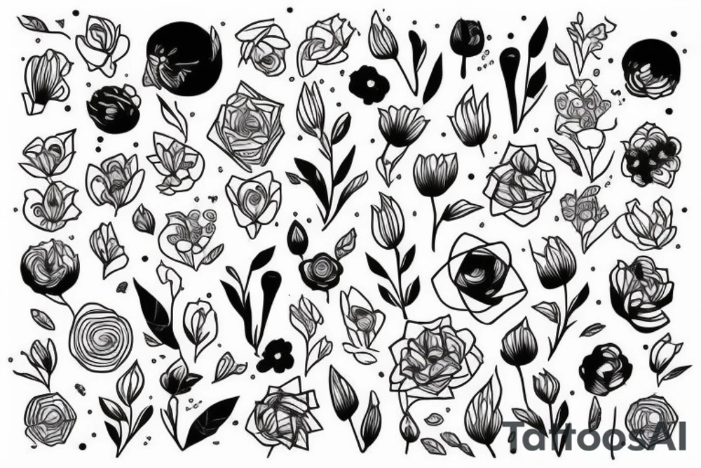 White line work on black, geometric design, flowers tattoo idea