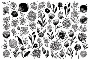 White line work on black, geometric design, flowers tattoo idea
