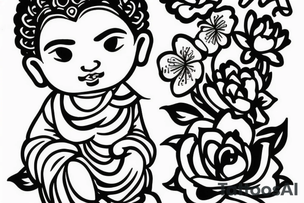 Baby Buddhist monk flower tattoo idea