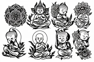 Baby Buddhist monk flower tattoo idea