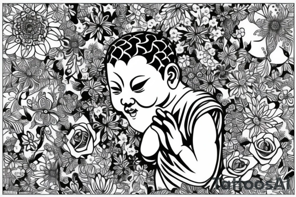 Baby Buddhist monk surrounded by flowers tattoo idea