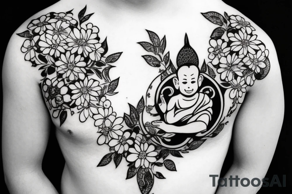Baby Buddhist monk surrounded by flowers tattoo idea Baby Buddhist monk surrounded by flowers tattoo idea