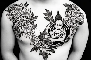 Baby Buddhist monk surrounded by flowers tattoo idea