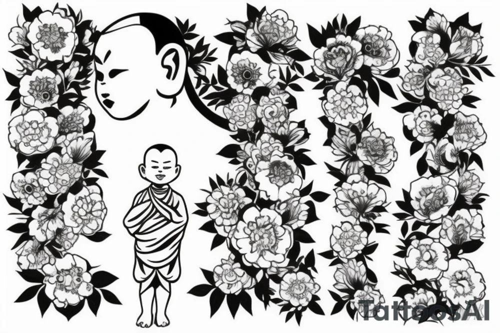 Baby Buddhist monk surrounded by flowers tattoo idea