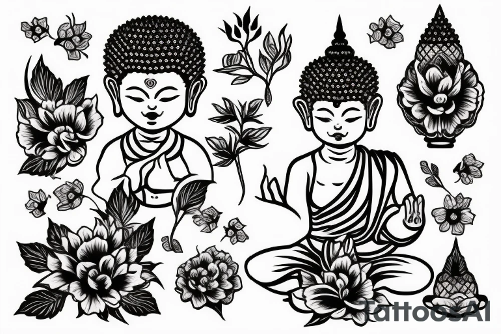 Baby Buddhist monk surrounded by flowers tattoo idea