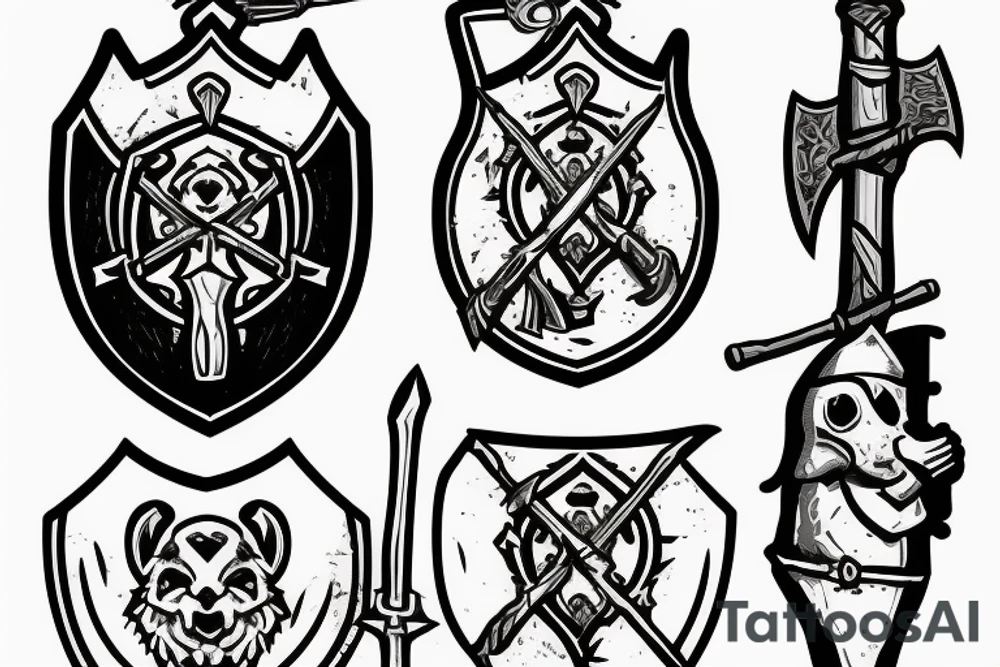 3 guard mouse one with a beer and a sord on with a axe and a shield one with and staff tattoo idea