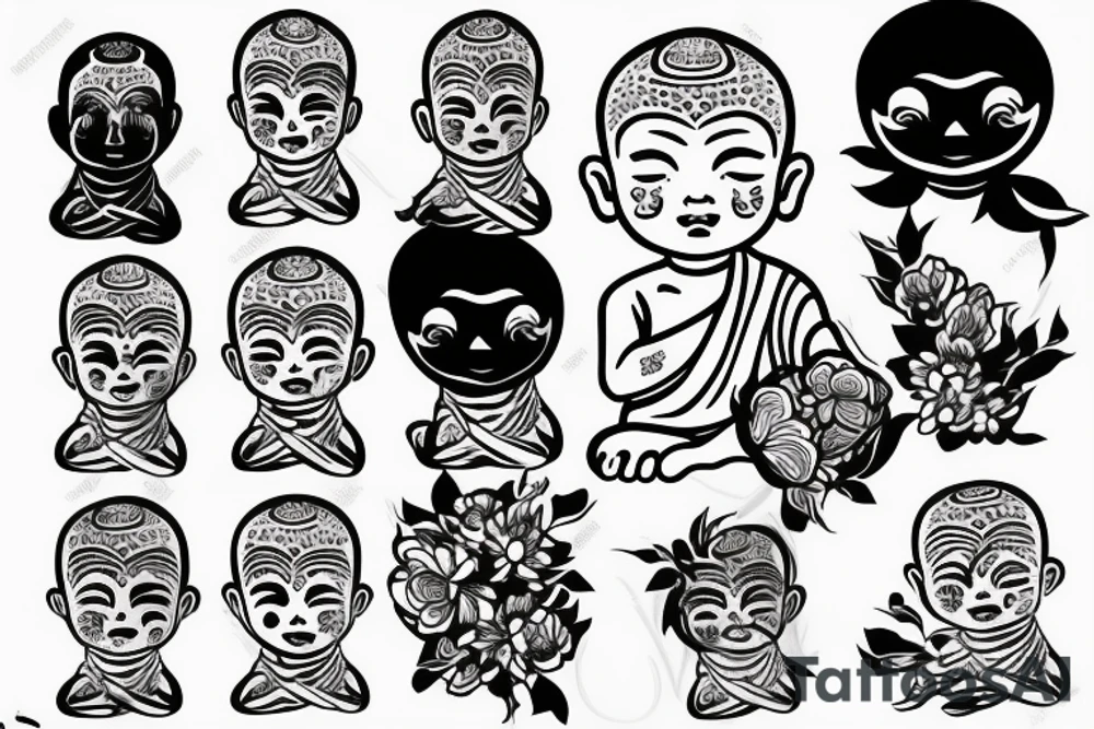 Baby Buddhist monk surrounded by flowers tattoo idea