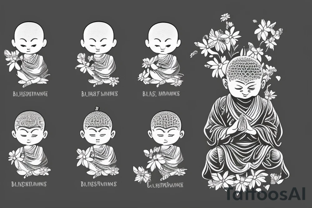 Baby Buddhist monk surrounded by flowers tattoo idea