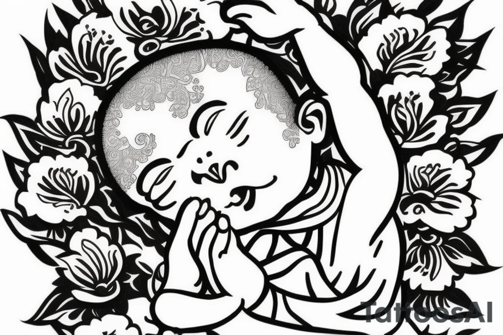Baby Buddhist monk surrounded by flowers tattoo idea