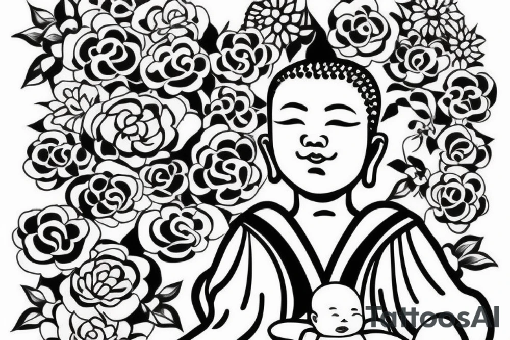 Baby Buddhist monk surrounded by flowers tattoo idea