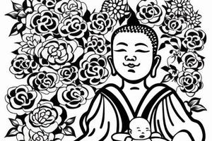 Baby Buddhist monk surrounded by flowers tattoo idea