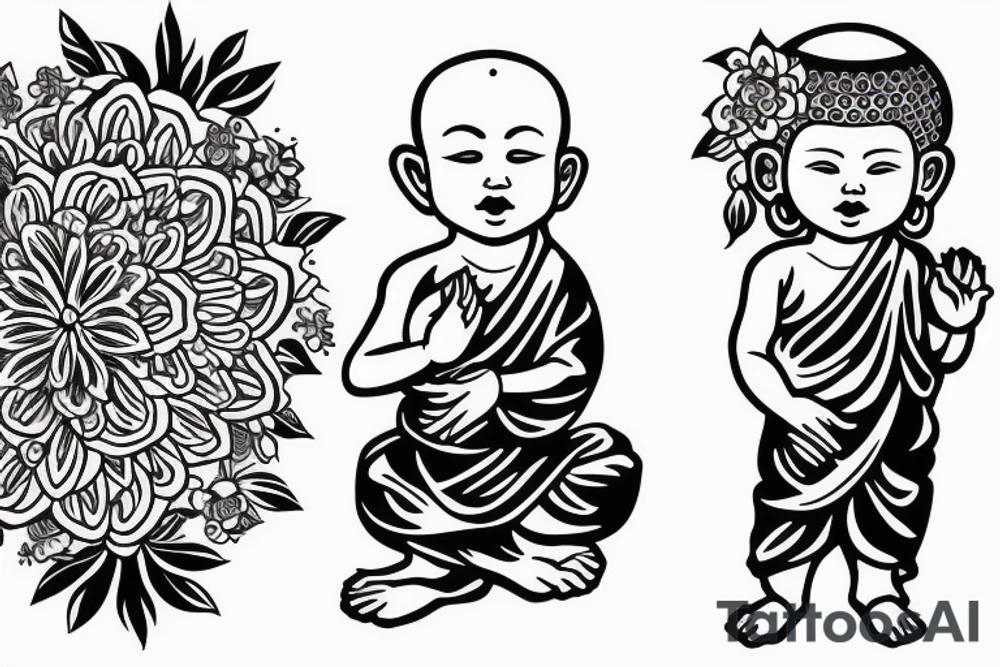 Baby Buddhist monk surrounded by flowers tattoo idea