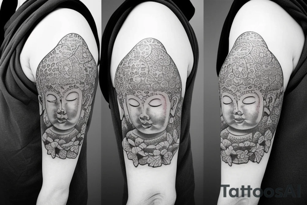 Baby Buddhist monk surrounded by flowers tattoo idea
