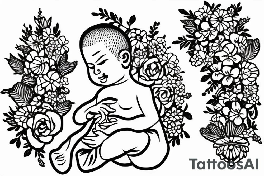 Baby Buddhist monk surrounded by flowers tattoo idea