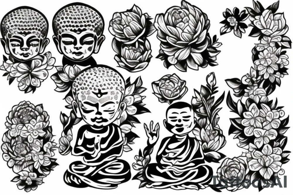 Baby Buddhist monk surrounded by flowers tattoo idea