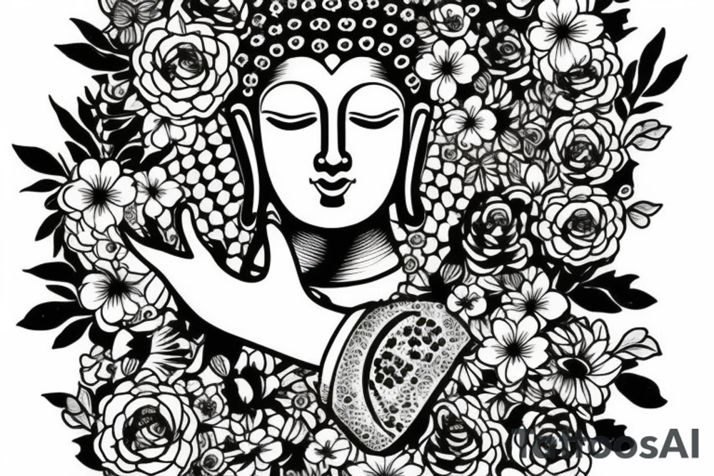 Cameo Buddha surrounded by flowers tattoo idea