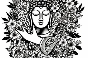 Cameo Buddha surrounded by flowers tattoo idea
