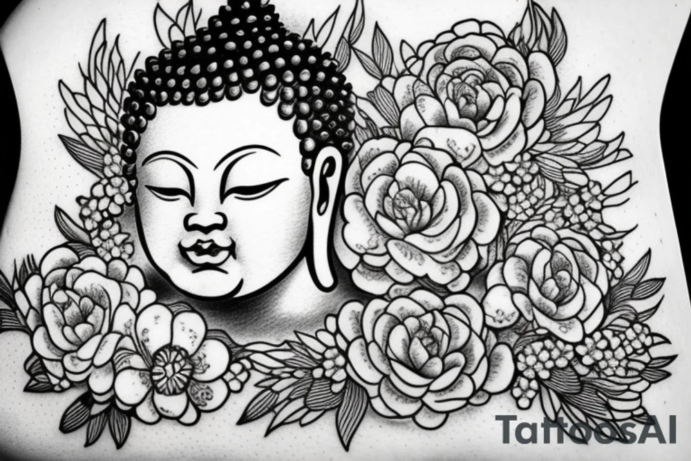 Cameo baby Buddha surrounded by flowers tattoo idea