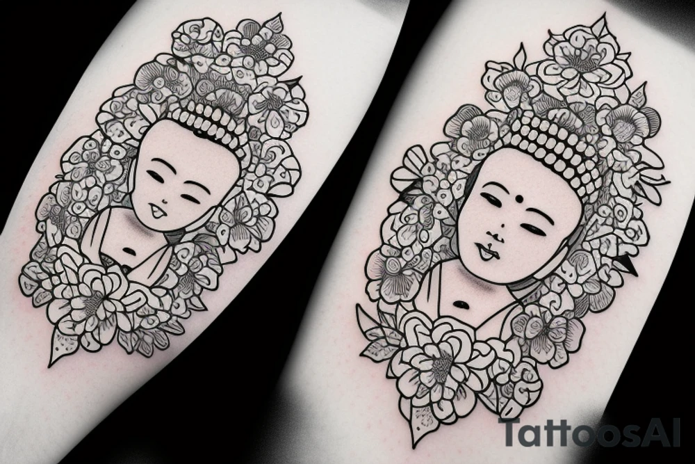 Cameo baby Buddhist monk surrounded by flowers tattoo idea
