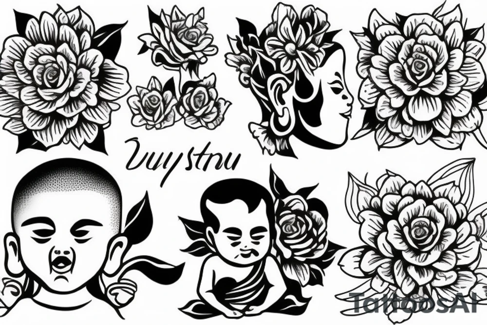 Cameo baby Buddhist monk surrounded by flowers tattoo idea