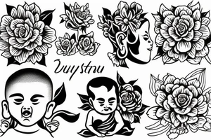 Cameo baby Buddhist monk surrounded by flowers tattoo idea