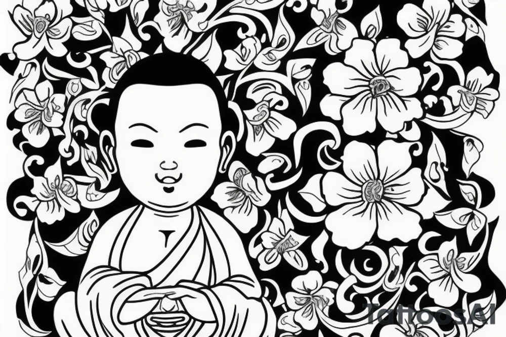 Cameo baby Buddhist monk surrounded by flowers tattoo idea
