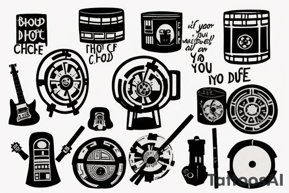 A drum kit which somehow incorporates the quote “If you choose not to decide, you still have made a choice” and somehow includes starwars symbolism tattoo idea