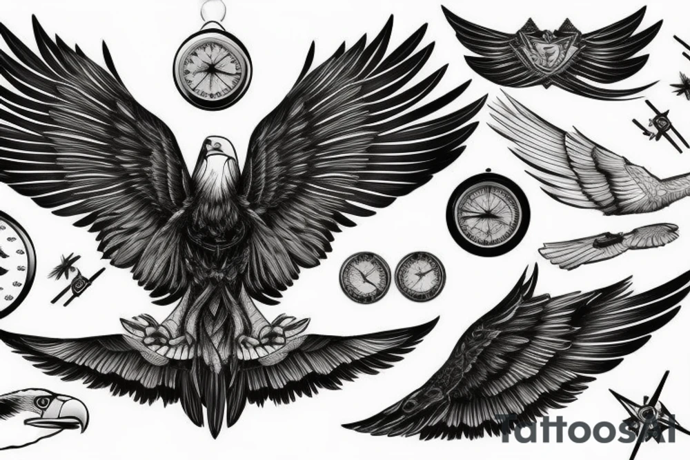Eagle, detailed, compass, wings tattoo idea