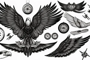 Eagle, detailed, compass, wings tattoo idea