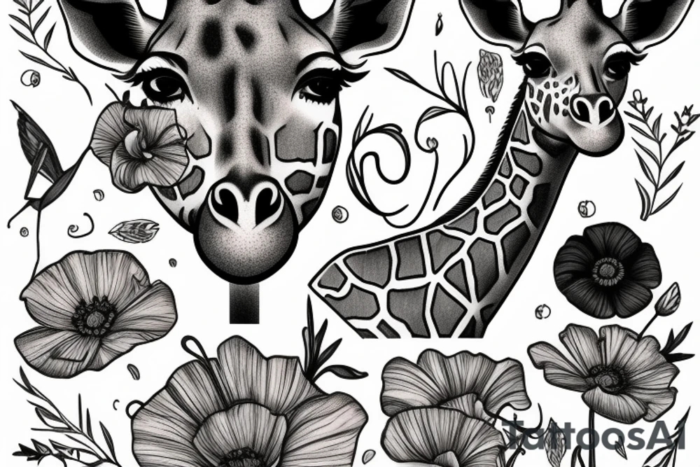 giraffe with poppies tattoo idea