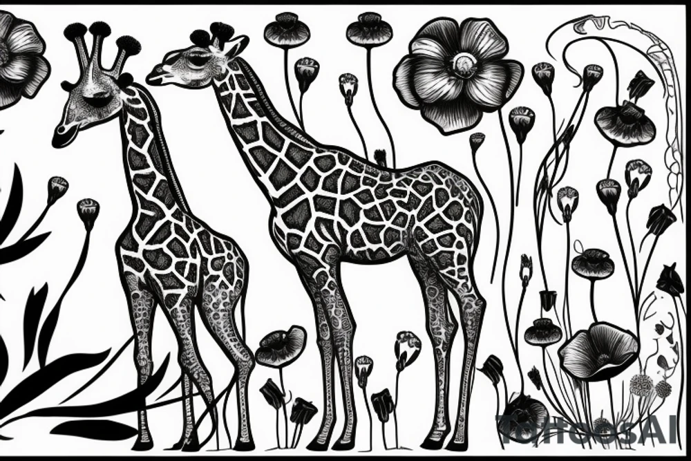 giraffe with poppies tattoo idea